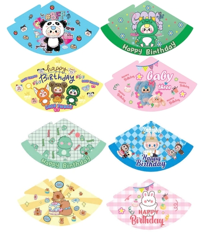 100 mũ giấy ivory CT mix mẫu HOẠT HÌNH (capypara, labubu, baby three,...) (không kim tuyến)