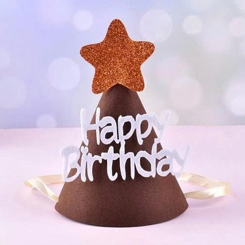 set 10 Mũ sinh nhật vải dạ MÀU NÂU-HAPPY TRẮNG KT 12x17cm.