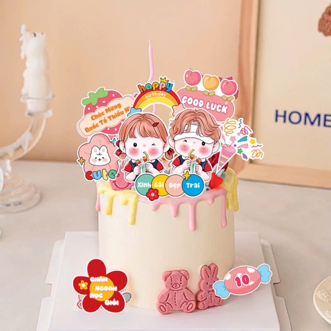 Combo 2 set giấy- 2 bé trai gái uống trà sữa (chúc mừng quốc tế thiếu nhi).