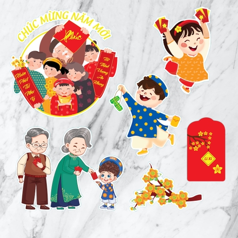 Combo 2 set  giấy Tết-  gia đình sum vầy (ông bà lì xì).