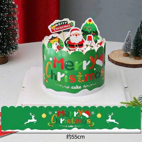 Set 10 thành bánh giấy chủ đề NOEL 10cmx55cm - màu xanh lá (tuần lộc trắng và chữ Merry chrismas sắc màu).