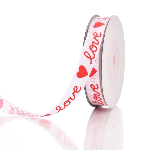 Ruybang gân 1cm x10m - chữ love trái tim đỏ nền trắng.