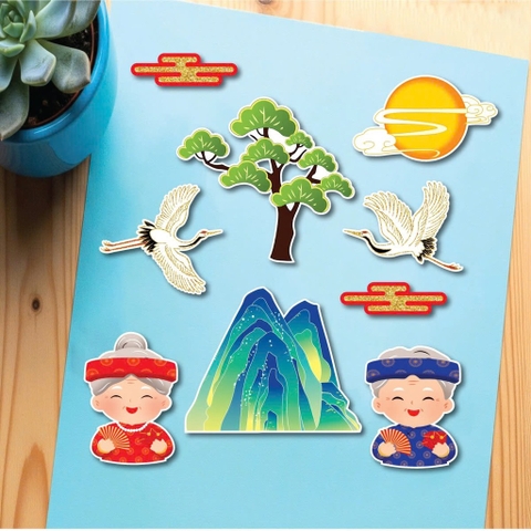 Combo 2 set giấy - ông bà, núi và cây xanh (ép nhũ).