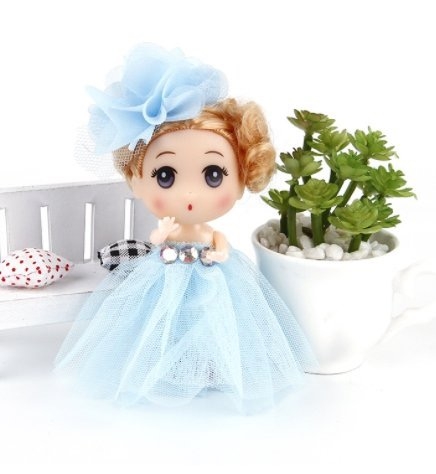 Túi 10 Búp bê đội nơ 12cm - váy xanh.