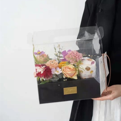 Set 10 hộp mica 2 ngăn có quai xách kèm đế (đk khay đựng bánh 16cm, đk khay hoa 8cm)-MÀU ĐEN.