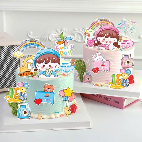 Combo 2 set giấy - bé GÁI nháy mắt  đội mũ lệch + cầu vồng +1.6 chùm bóng.