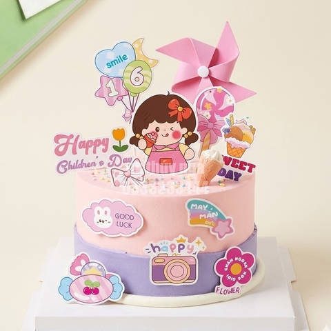 Combo 5 set giấy SX- bé gái váy hồng cài nơ đỏ cầm cây kem.