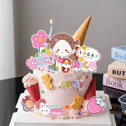 Combo 2 set giấy -bé gái ôm cún bông và quả dâu tây.