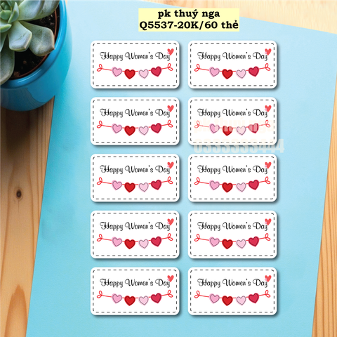 Set 60 thẻ giấy  trắng Happy women's day và dây trái tim (HÌNH CHỮ NHẬT).