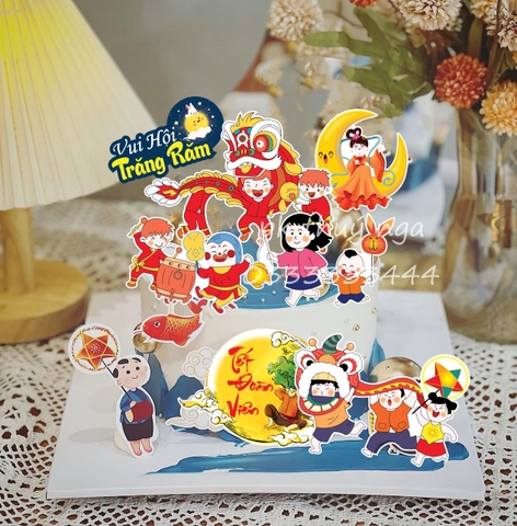 Combo 2 set giấy trung thu-vui hội trăng rằm (múa lân, chú cuội, hằng nga).