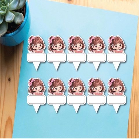 Set 50 thẻ giấy có chân cắm-bé GÁI tóc nâu nơ hồng.