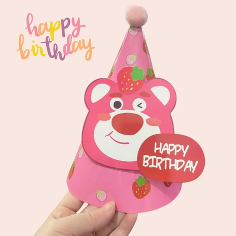 Set 10 mũ 3D cán bóng giấy đẹp kt dk 13cmx cao 20cm - Gấu dâu Lotso.m02