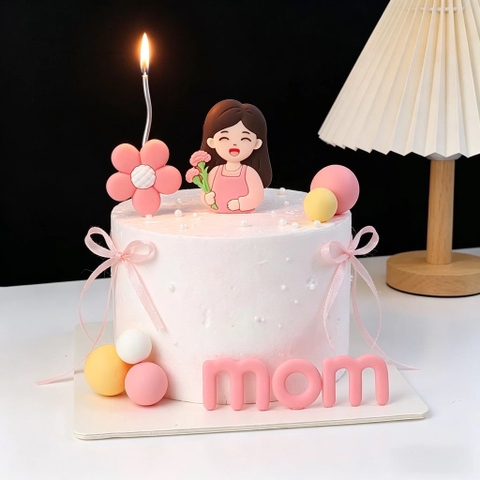 Tượng nhựa dẻo - Mẹ áo HỒNG ôm hoa màu hồng.