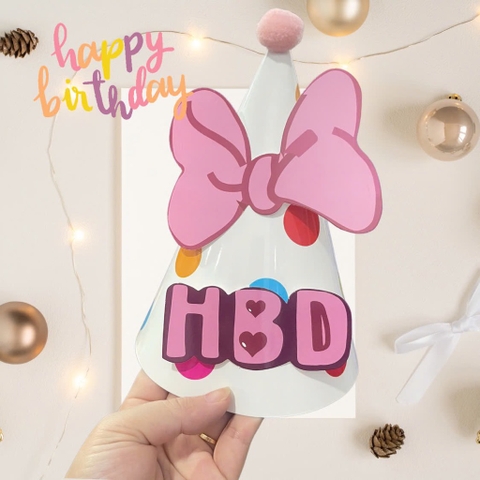 Set 10 mũ 3D cán bóng giấy đẹp kt dk 13cmx cao 20cm - nền chấm bi trắng gắn nơ hồng.m05