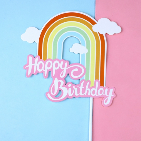 Set 10 cầu vồng gắn mây dáng dài-CHỮ HPBD HỒNG.