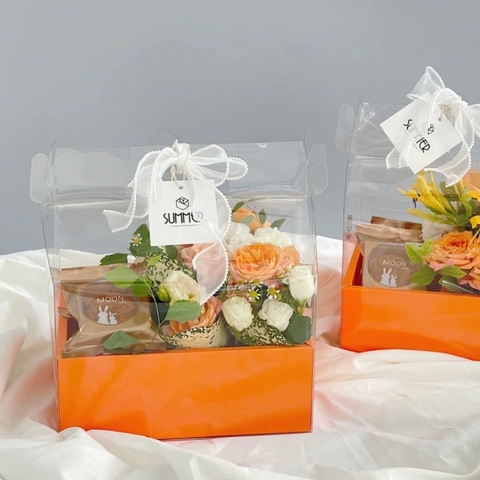 Set 10 hộp mica 2 ngăn có quai xách kèm đế (đk khay đựng bánh 16cm, đk khay hoa 8cm)-MÀU CAM.