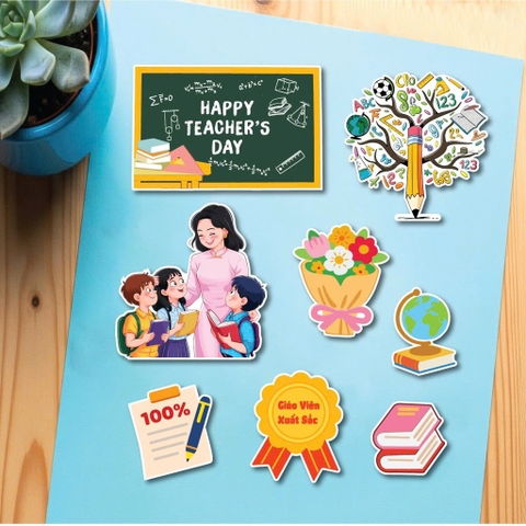 Combo 2 set giấy 20.11 - cô giáo áo dài HỒNG và 3 học sinh.