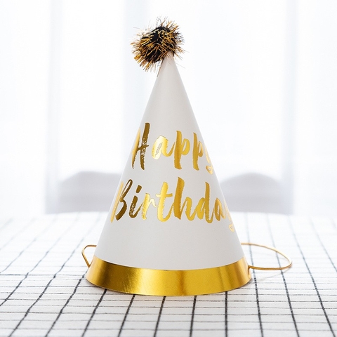set 10 Mũ sinh nhật gắn quả bông ép kim-MÀU VÀNG TRẮNG (có chữ HPBD) kt 11x17cm.