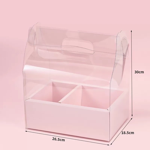 Set 10 hộp mica 2 ngăn có quai xách kèm đế (đk khay đựng bánh 16cm, đk khay hoa 8cm)-MÀU HỒNG.