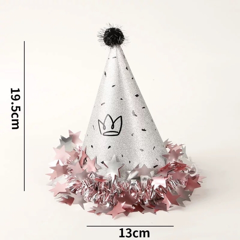 Set 10 mũ sinh nhật lấp lánh gắn tua rua hình ngôi sao - MÀU BẠC (kt 19X13cm).