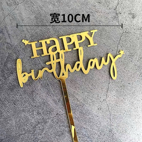 10 mica HPBD chữ kiểu, Happy in hoa-MÀU VÀNG.
