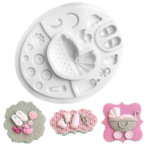 Khuôn silicon hình tròn - xe nôi, bình sữa, bàn chân baby.