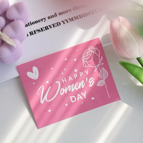 Combo 18 thẻ giấy Happy women's day hình CHỮ NHẬT màu HỒNG.