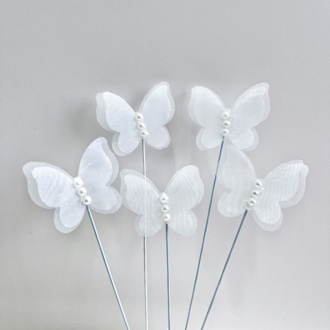 Set 5 bướm vải 2 lớp đính ngọc trai-TRẮNG.