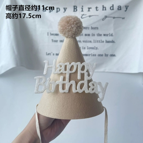 Set 10 mũ sinh nhật vải dạ - HPBD NÂU NHẠT- kt12x14cm.