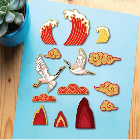 Combo 2 set giấy tết - HẠC, MÂY, NÚI MÀU ĐỎ (ÉP NHŨ).