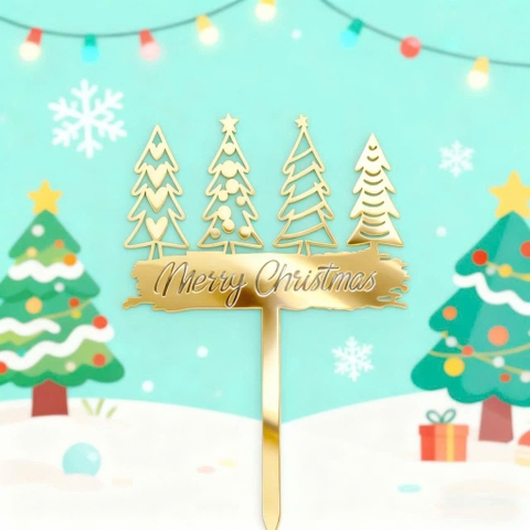 Set 10 Mica merry christmas gắn hình 4 CÂY THÔNG-màu vàng.