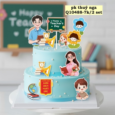 Combo 2 set giấy 20.11 - thầy cô giáo áo xanh hồng và 2 học sinh học bài.
