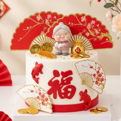 Combo 8 quạt giấy - mix 2 màu đỏ, trắng (có hoạ tiết hoa đào).