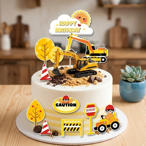 Combo 5 set giấy - em bé lái xe công trình và cây màu cam.