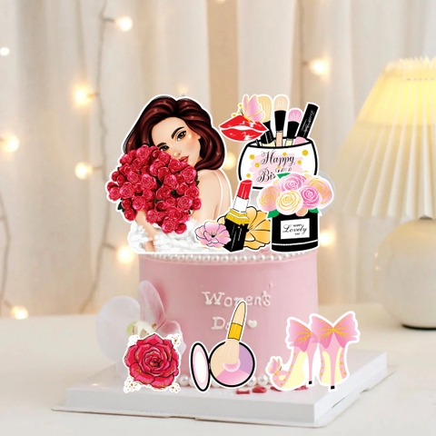 Combo 2 set giấy-cô gái ôm hoa và bộ trang điểm (ép nhũ).