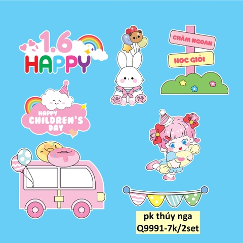 Combo 2 set giấy- bé gái ôm kẹo, xe hồng và thỏ (happy chidren's day).