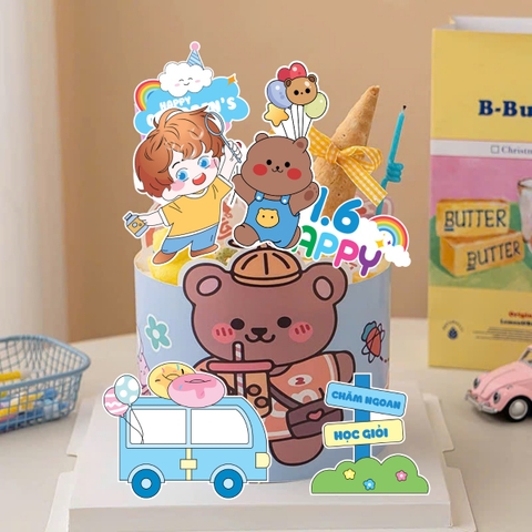 Combo 2 set giấy- bé TRAI ôm kẹo, xe xanh và gấu nâu (happy chidren's day).