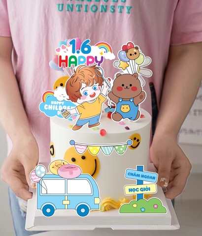 Combo 2 set giấy- bé TRAI ôm kẹo, xe xanh và gấu nâu (happy chidren's day).