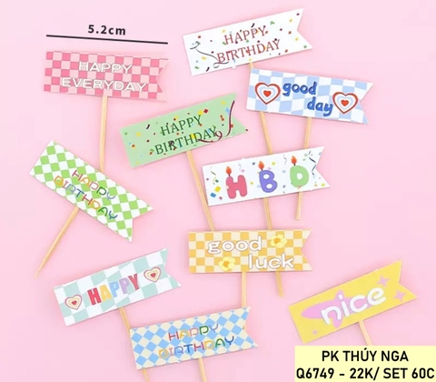 Set 60 cây cắm giấy HPBD hình chữ nhật họa tiết caro sắc màu (mẫu 2).