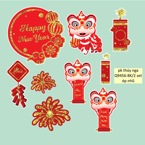 Combo 2 set giấy TẾT ép nhũ - đầu lân câu đối + pháo + pháo hoa.