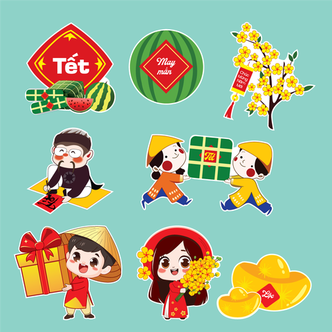 Combo 2 set giấy TẾT  - 4 em bé, cành mai và ông đồ.
