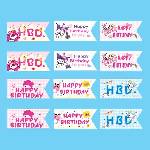 Combo 60 thẻ giấy HPBD hoạt hình (mix kuromi, kitty, cinnamon, gấu dâu).