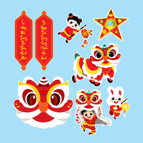 Combo 2 set giấy trung thu - múa lân mẫu 1 (bé múa lân và câu đối).