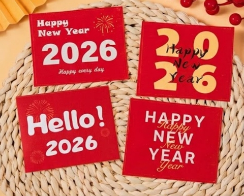Set 50 thẻ giấy decal (dán được) - happy new year 2026 mix 4 mẫu (kt 8.5cm x 8.5cm).