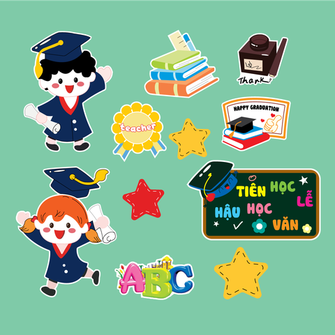 Combo 2 set giấy cử nhân (tốt nghiệp)- mẫu  2 bé trai bé gái nhảy nhót,  chữ cái ABC, ngôi sao9856.