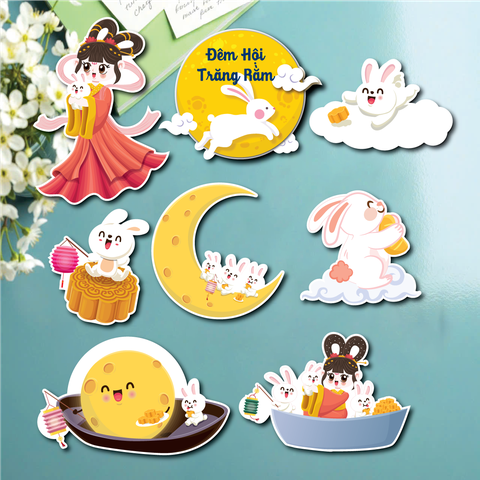 Combo 2 set giấy trung thu - thỏ, bánh, thuyền và hằng nga MẪU 11.