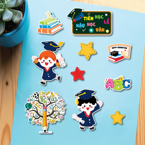 Combo 5 set giấy SX tốt nghiệp - 2 bé cử nhân nhảy múa và cây hình bút chì.