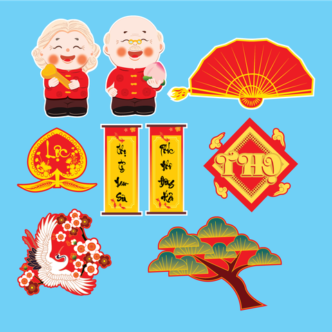 Combo 2 set giấy TẾT - ông bà áo đỏ, câu đối, đào tiên và chữ thọ.