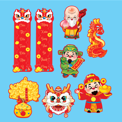 Combo 2 set giấy TẾT- 3 ông phúc lộc thọ và câu đối.
