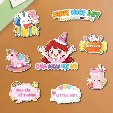 Combo 5 set giấy SX- bé GÁI đội mũ giơ 2 tay (chăm ngoan học giỏi).
